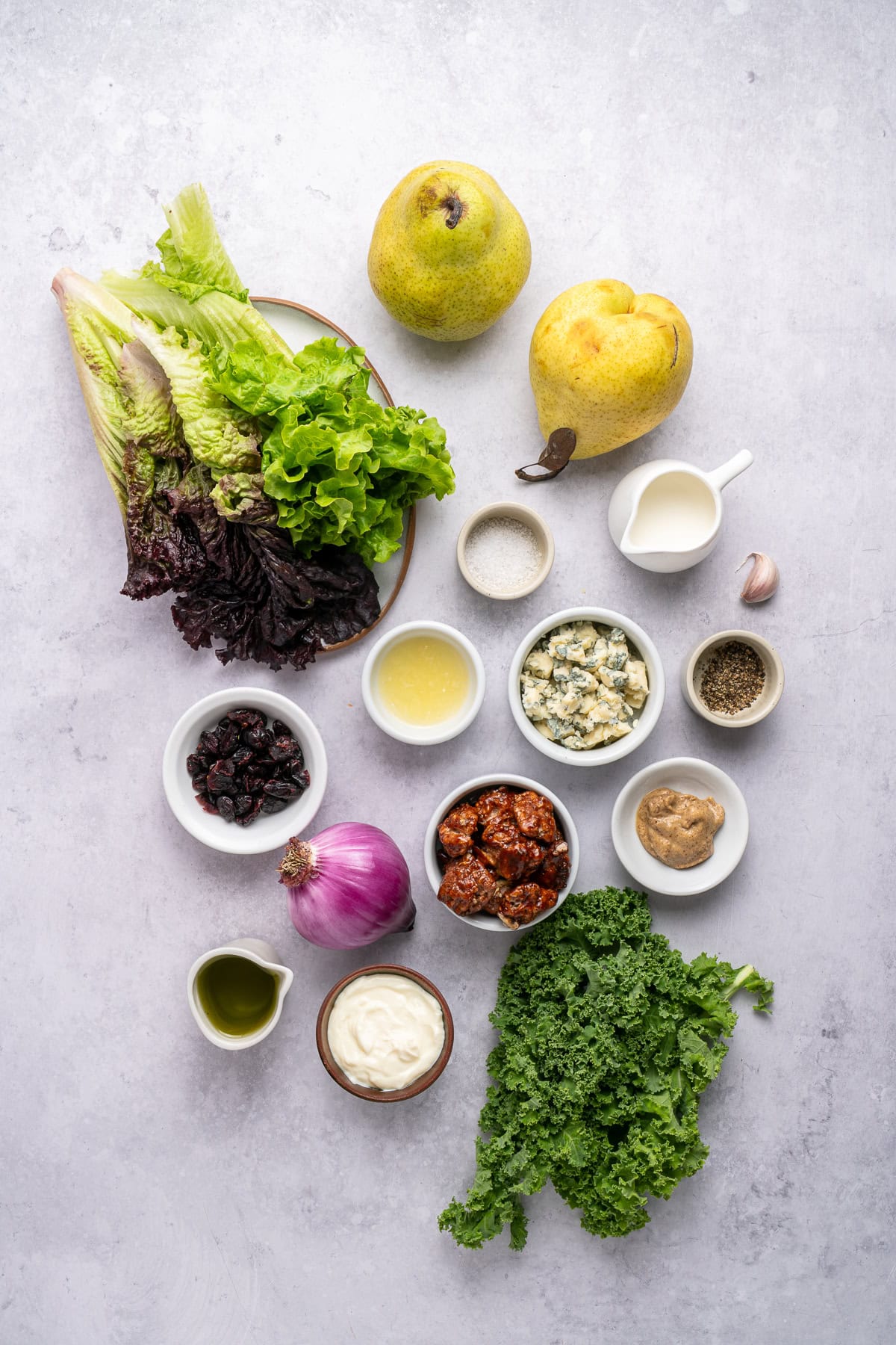 Pear and walnut salad ingredients.