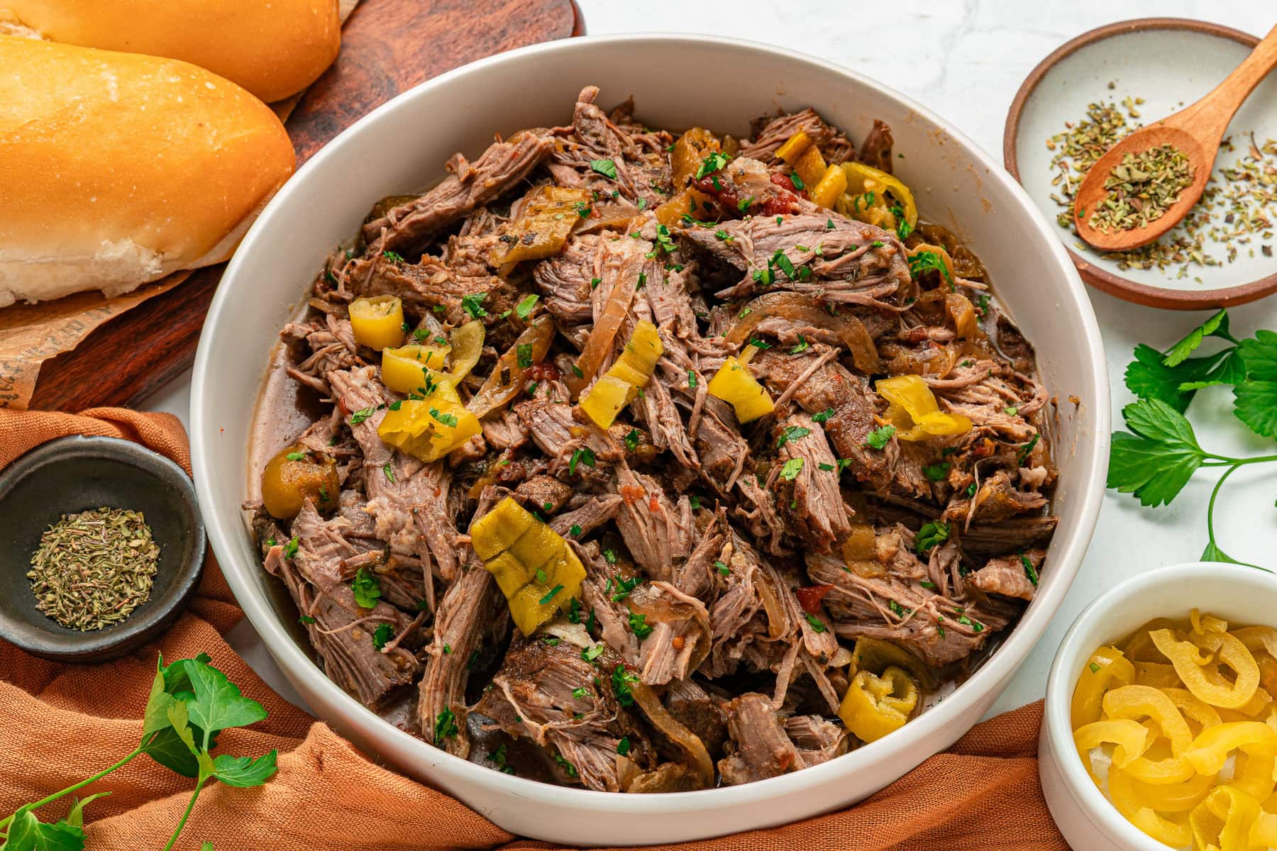 Italian-style beef in a bowl.