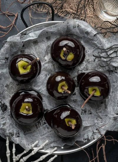 Overhead look at Black Candy Apples.