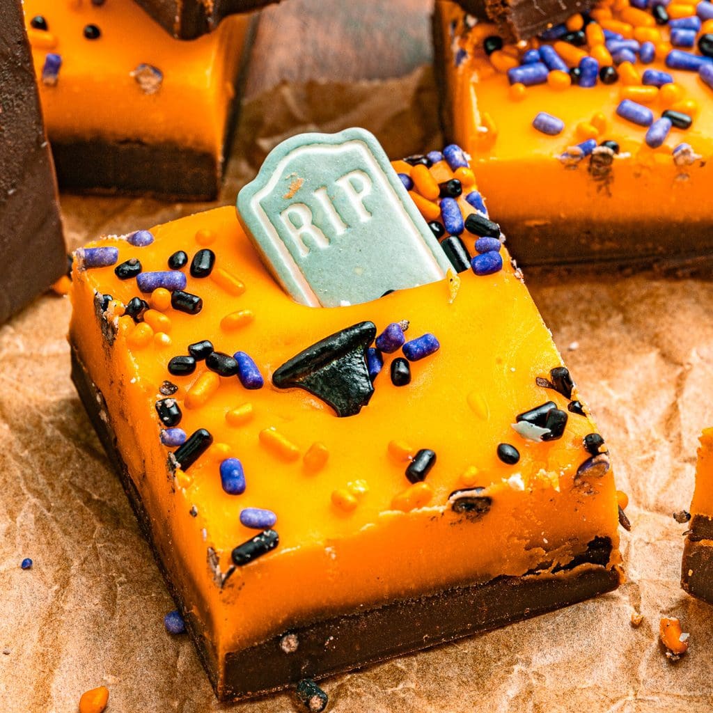 Close-up of a Halloween Fudge square.