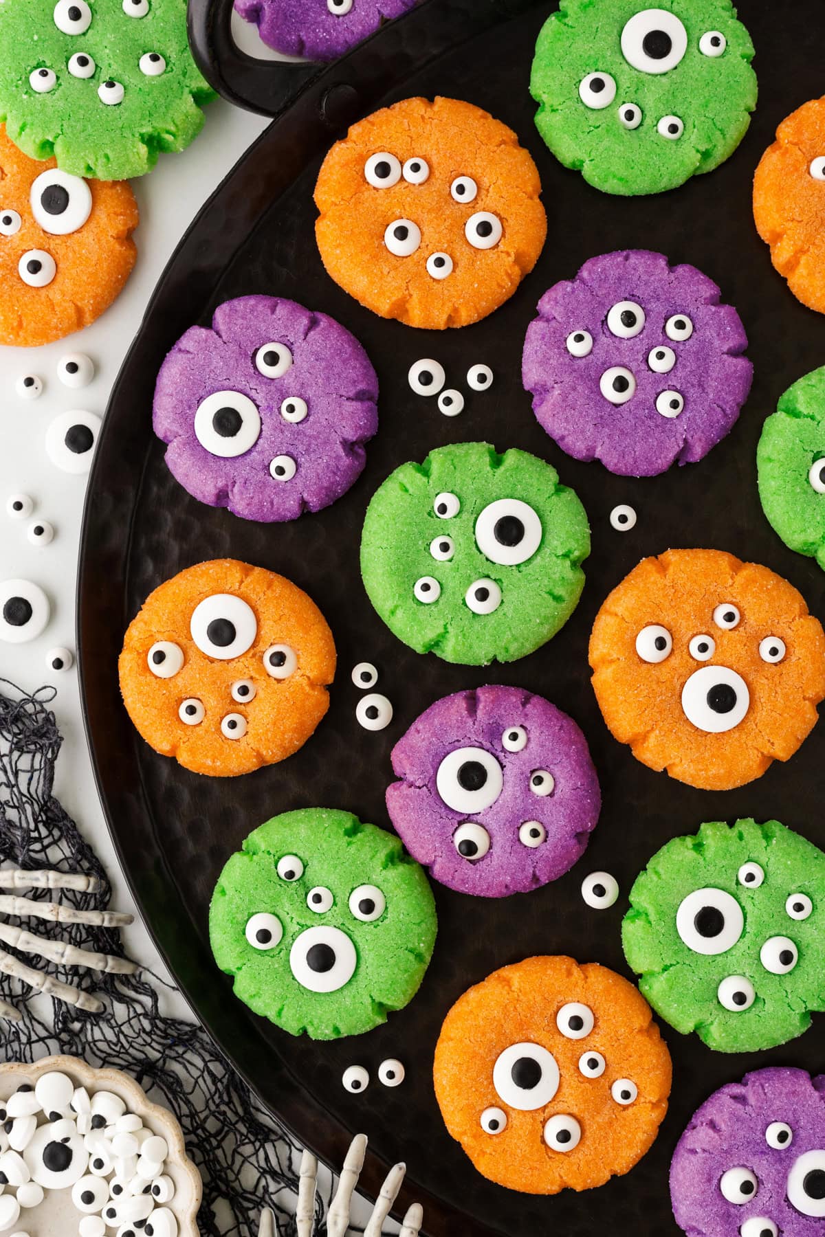 Overhead Monster Eyeball Cookies on a tray. 