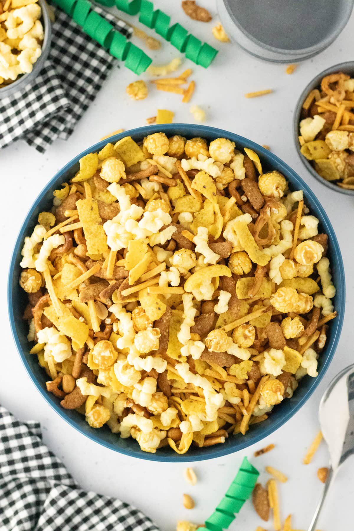 Overhead bowl of No-Bake Party Mix.