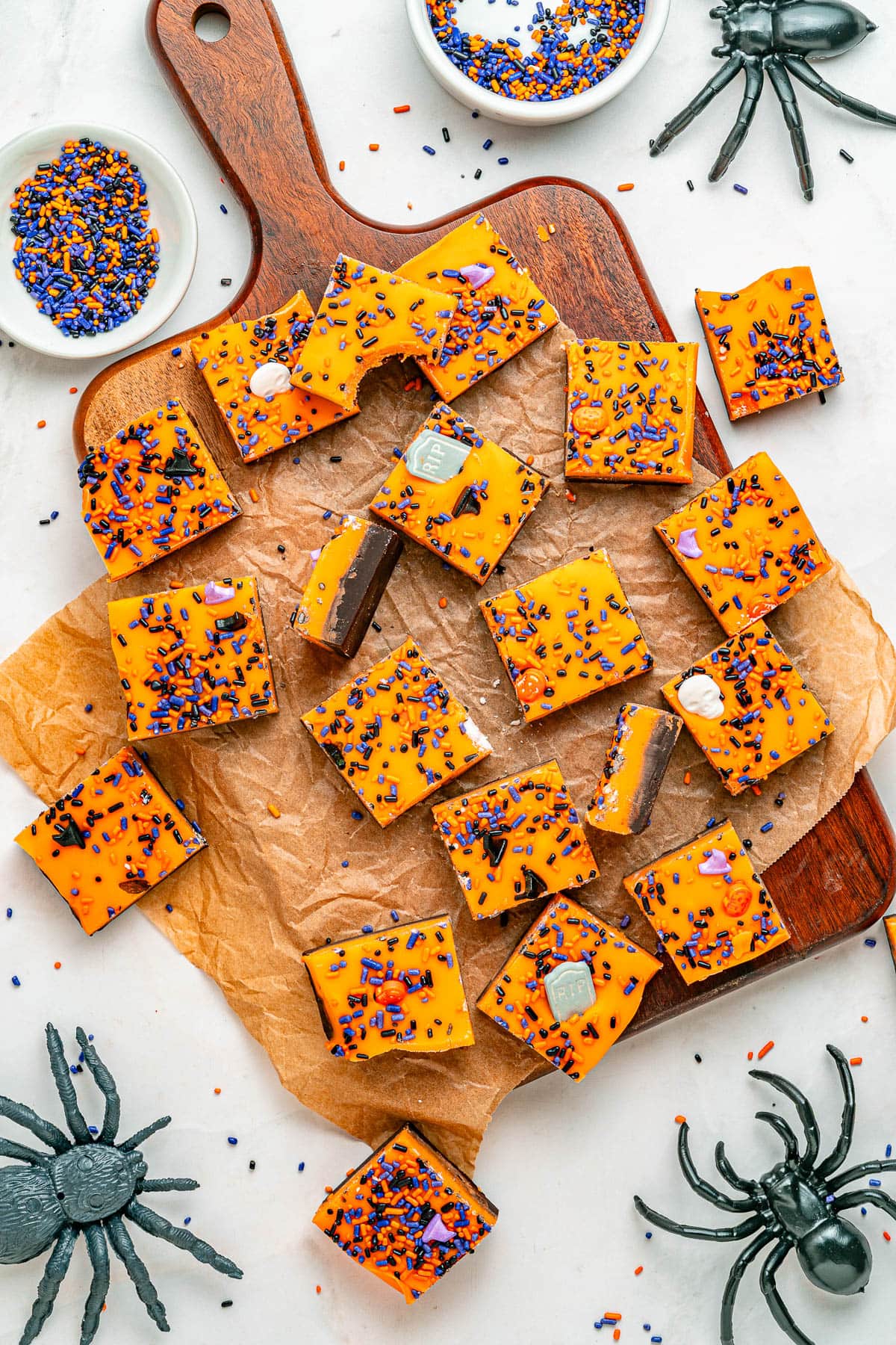 Cut fudge squares, halloween themed.
